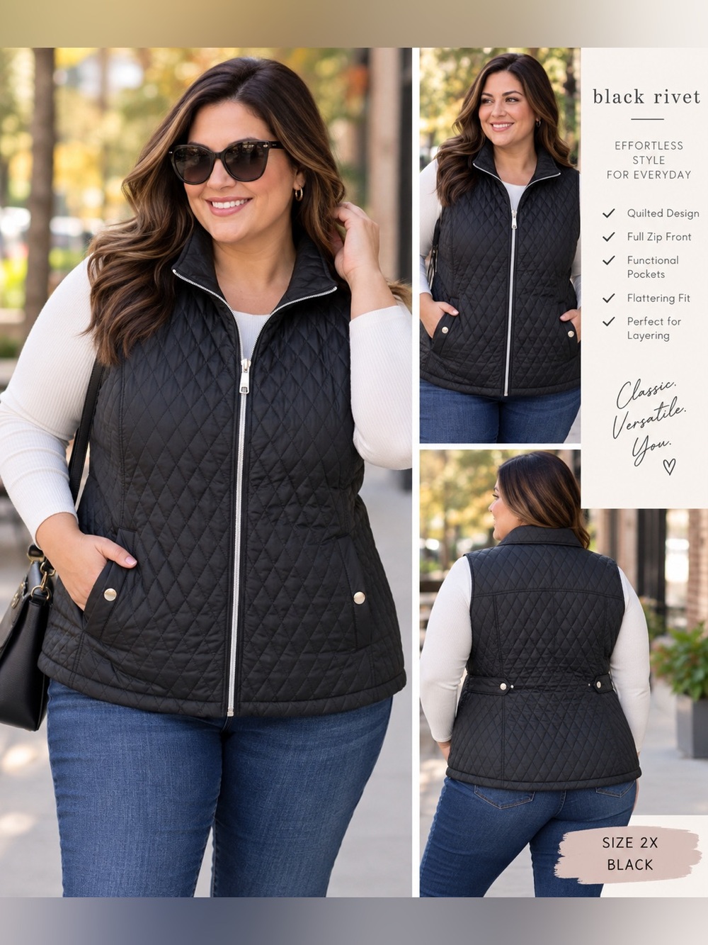 Black Rivet 2X Black Quilted Puffer Vest Full Zip Silver Hardware Plus Size